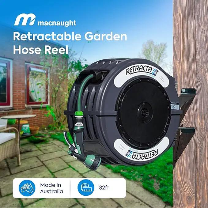Macnaught Retractable Garden Hose Reel, 82 Ft Water Hose Reel Heavy Duty Retractable Hose with Metal 180° Swivel Rotation Bracket for Wall Mount - Gray by GreenHaven Gardens