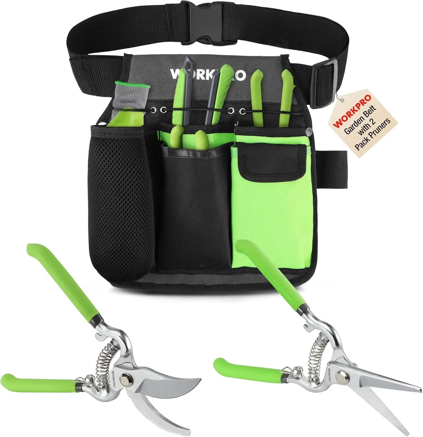 WORKPRO 2-Piece Pruning Shears and Garden Tool Belt Set, Gardening Belt with 5 Pockets and Adjustable Waist Belt, 8" Bypass Garden Shears and 8'' Handing Pruner with Steel Straight Blade by GreenHaven Gardens