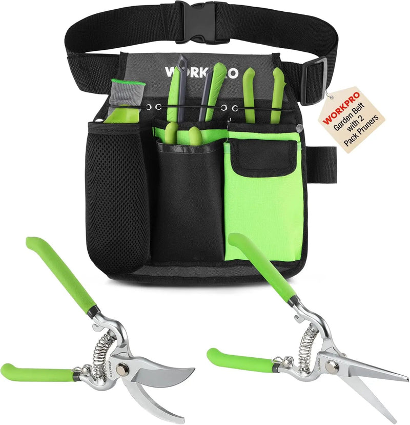 WORKPRO 2-Piece Pruning Shears and Garden Tool Belt Set, Gardening Belt with 5 Pockets and Adjustable Waist Belt, 8" Bypass Garden Shears and 8'' Handing Pruner with Steel Straight Blade by GreenHaven Gardens
