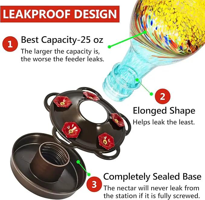 LUJII Hand Blown Glass Hummingbird Feeder for Outdoors with Ant Moat, Leak Proof & Rustproof, 25 fl.oz, Metal Base Cover with 5 Feeding Ports & Perches, Glass Art for Garden Decor (Blue Mixed Yellow) by GreenHaven Gardens