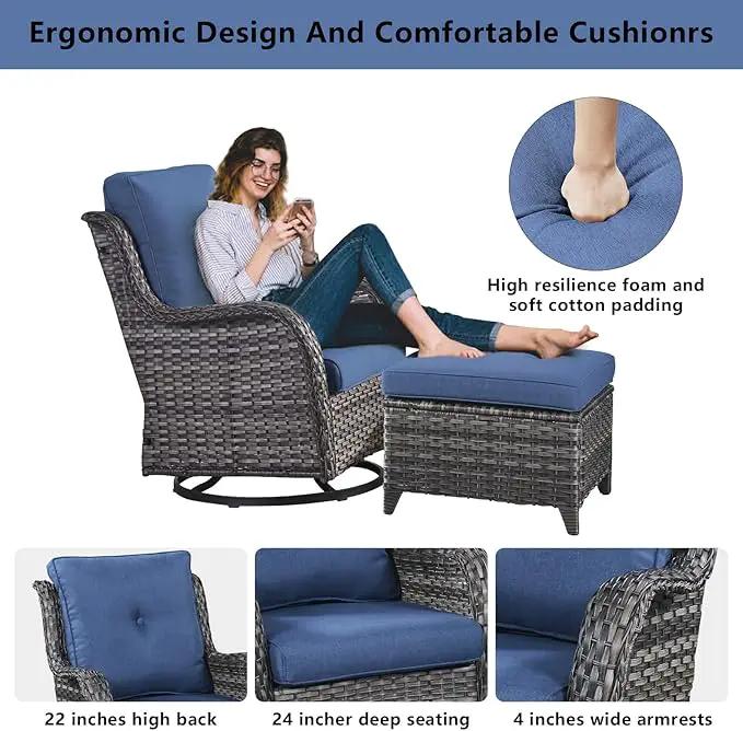 Wicker Outdoor Furniture Patio Furniture Set - 6 Piece Patio Conversation Set with Swivel Rocker Chairs, Loveseat Sofa, Ottomans and Coffee Table, Blue Cushion by GreenHaven Gardens