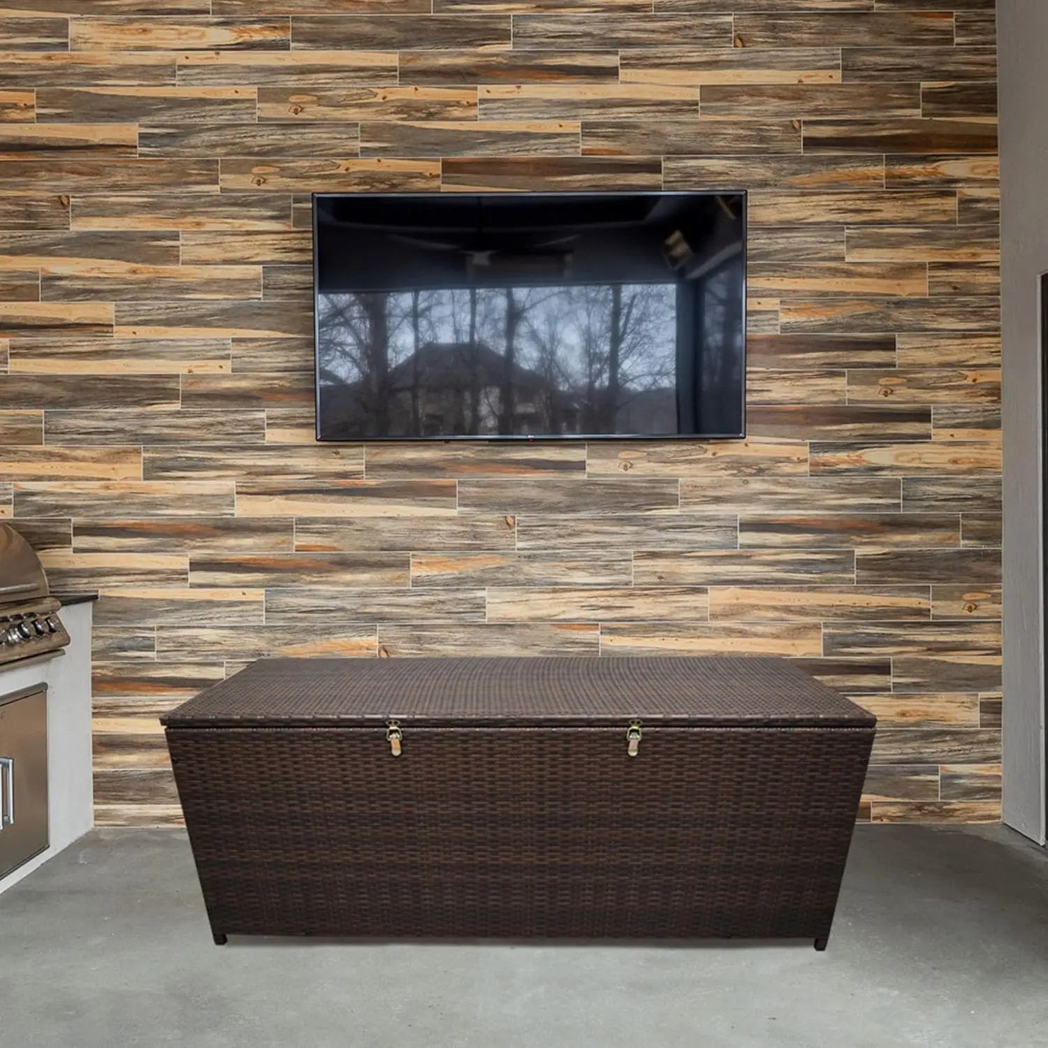 Oakland Living Brown Indoor and Outdoor Balcony Patio Deck Porch Pool 113 Gallon Wicker Storage Box Trunk Bin with Metal Frame by GreenHaven Gardens