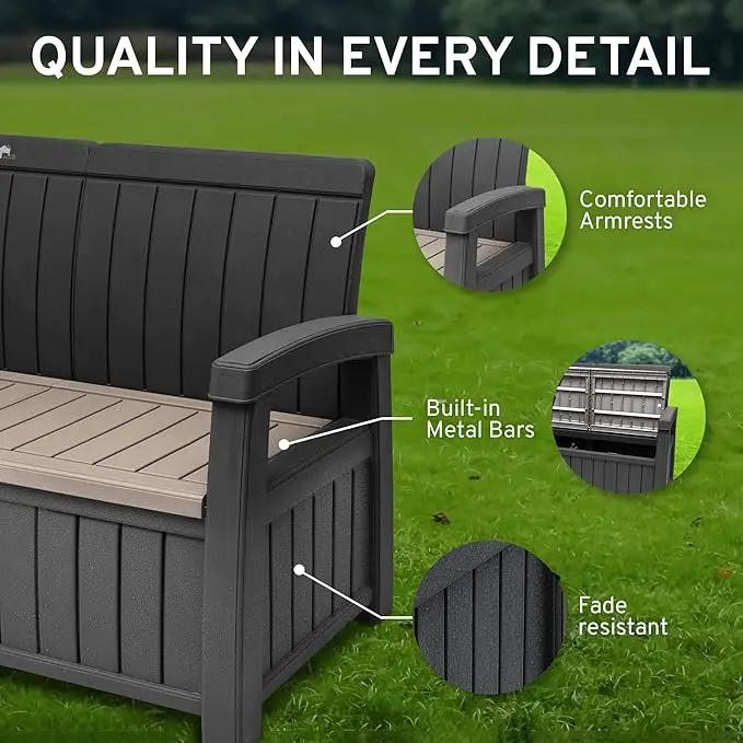 EconoHome 3 Seat Outdoor Storage Bench with Rain Cover - 90 Gallon Capacity - Weatherproof Resin Bench for Patio, Porch, Garden, Yard, Pool Area - Furniture for Pool Accessories, Gardening Tools by GreenHaven Gardens