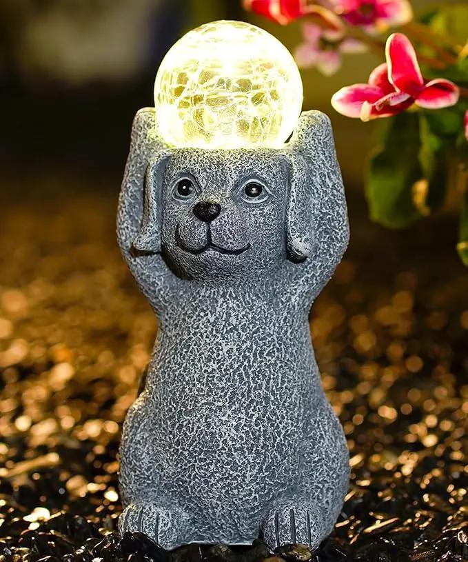 Solar Cute Dog Statue Holding Cracked Glass LED Lights – Funny Resin Dog Decor Garden Decorations for Patio,Balcony,Yard,Birthday Gifts for Women Mom by GreenHaven Gardens