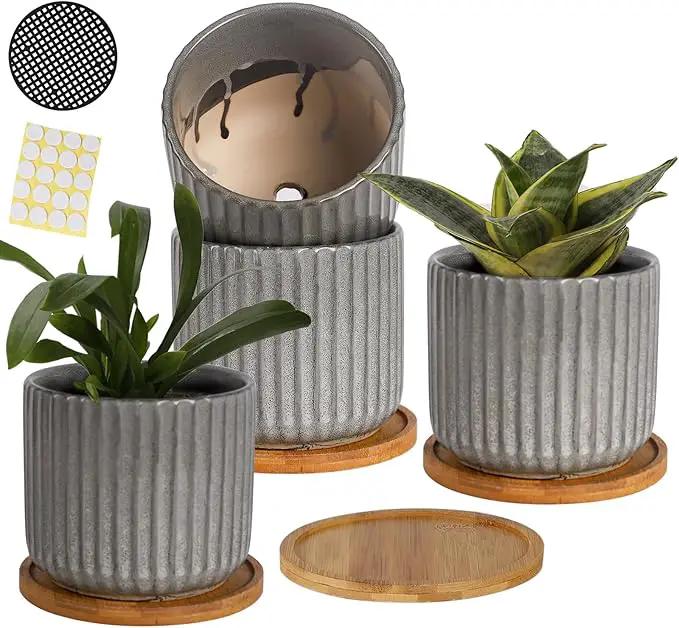 5.25 Inch Ceramic Plant Pots with Drainage Holes and Trays, Vertical Stripes Planter Pot with Saucers for Indoor Flowers, Succulent, Snake Plants, Cactus & Herbs, Grey-Green, Set of 4 by GreenHaven Gardens