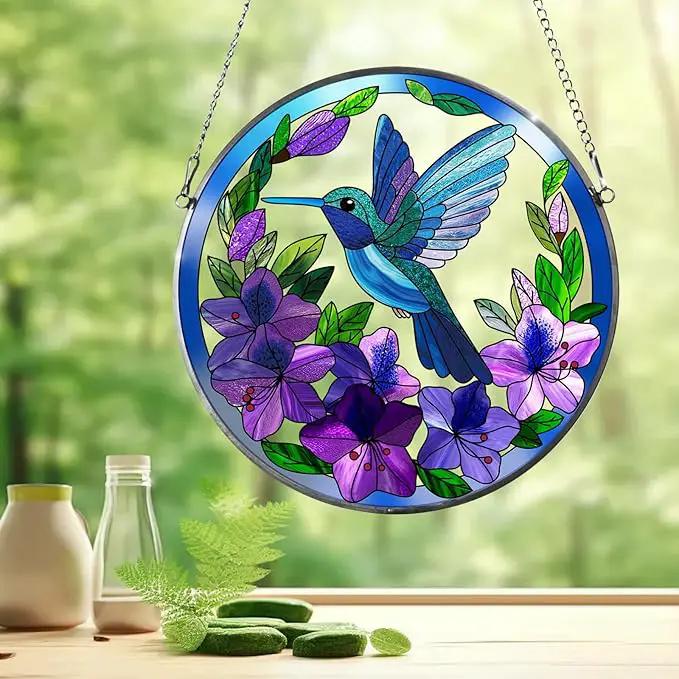 Stained Glass Sun Cather for Window Hanging, 6.3'' Hummingbird Window Ornament for Indoor Outdoor, Hand Painted Stain Glass Gift for Women, Bird Nature Lovers by GreenHaven Gardens