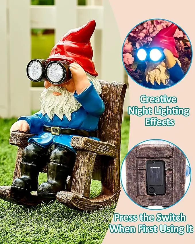 Solar Garden Gnome Statues Resin Gnome Figurines Sitting on Rocking Chair Outdoor Telescope Gnome Gifts for Yard, Patio Decor Gift by GreenHaven Gardens