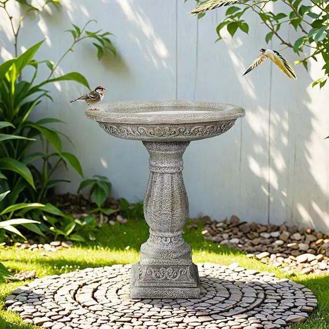 SunJet 23.8” H x 20” Dia Outdoor Birdbath with Exquisite Carvings Pedestal - Fibre Reinforced Concrete Birdbaths, Neoclassical Style Design for Garden Decor & Bird Attraction by GreenHaven Gardens