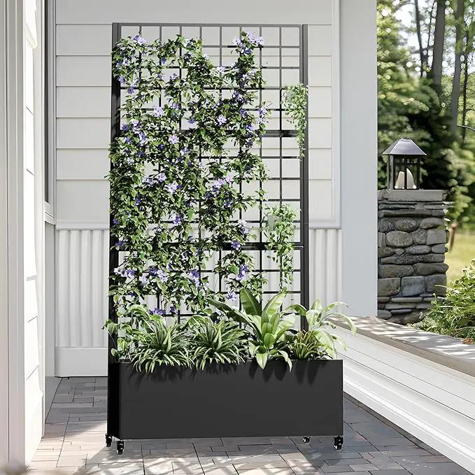Casaphoria Metal Raised Garden Bed with Trellis and Wheels, 72"x35"x16" Planter Box for Climbing Plants, Vegetables & Vines, Features Drainage Holes and Privacy Screen (Black-Grid) by GreenHaven Gardens
