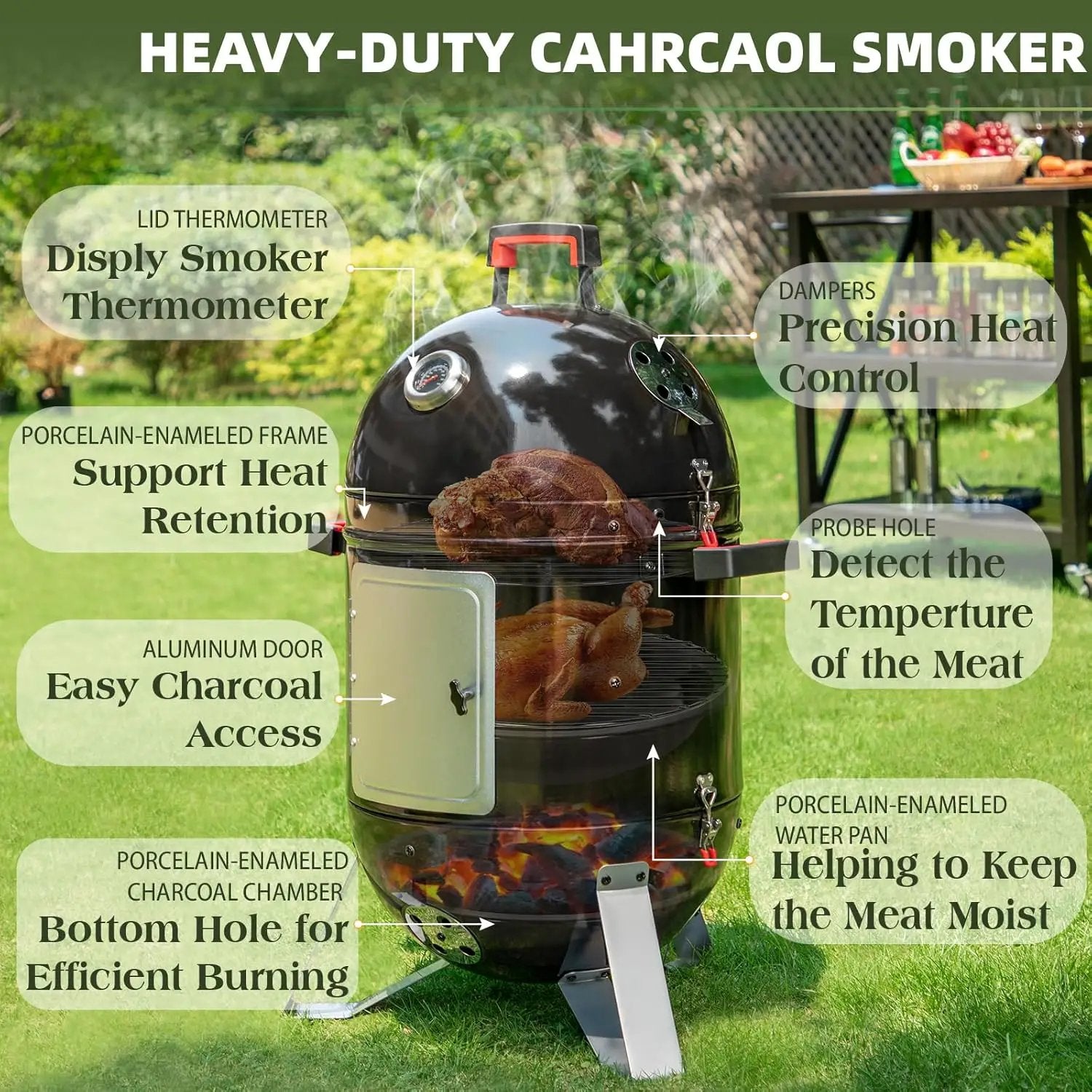 Sophia & William 18-Inch Vertical Charcoal Smokers BBQ Grills with Porcelain-Enameled Smoking Chamber & 2-Layer Smoking Shelves, Outdoor Smokers & Tabletop Grill Combo for Barbecue Camping(Black) by GreenHaven Gardens
