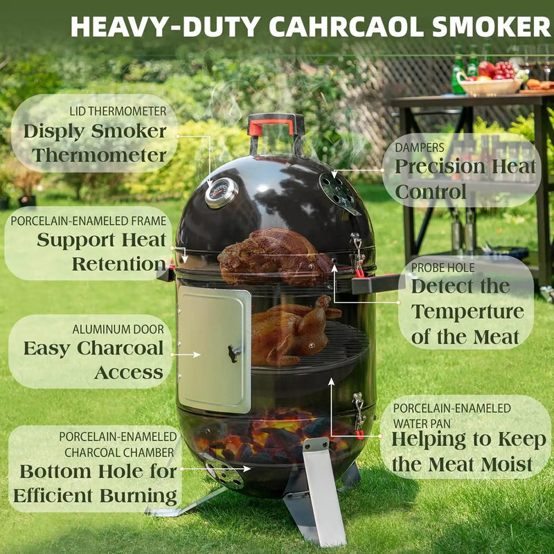Sophia & William 18-Inch Vertical Charcoal Smokers BBQ Grills with Porcelain-Enameled Smoking Chamber & 2-Layer Smoking Shelves, Outdoor Smokers & Tabletop Grill Combo for Barbecue Camping(Black) by GreenHaven Gardens