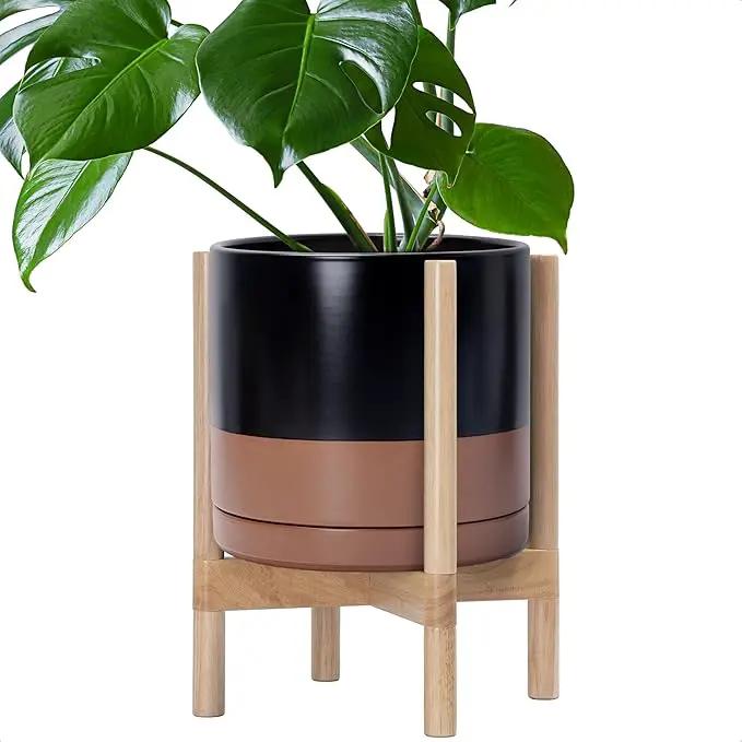 D'vine Dev Ceramic Planter with Natural Stand - 12 Inch Modern Round Flower Pot with Wood Planter Holder, Black/Speckled Tan, 55-B-J-7 by GreenHaven Gardens