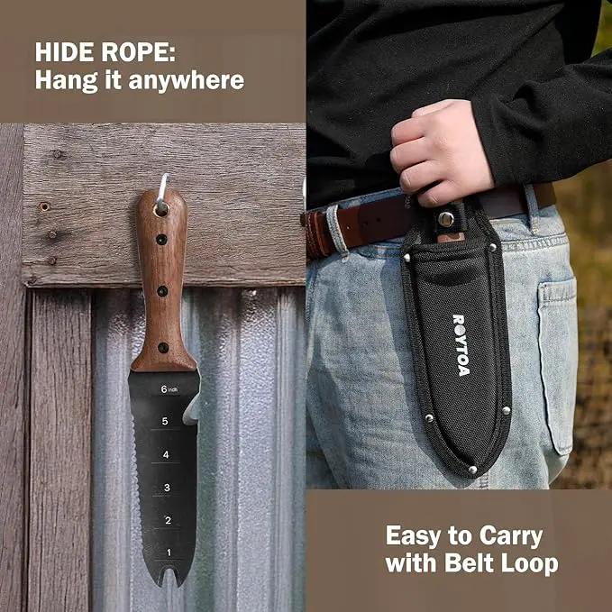 Hori Hori Garden Knife, Garden Tools with Sheath for Weeding,Planting,Digging, 7" Stainless Steel Blade with Cutting Edge, Full-Tang Wood Handle with Hanging Hole by GreenHaven Gardens