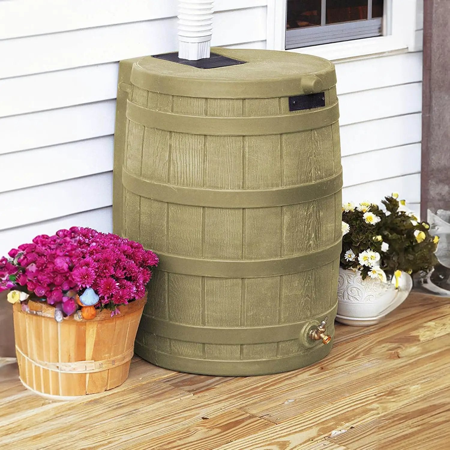 Good Ideas Rain Wizard 50 Gallon Plastic Outdoor Home Rain Barrel Water Storage Collector with Brass Spigot and Flat Back Design, Khaki (4 Pack) by GreenHaven Gardens