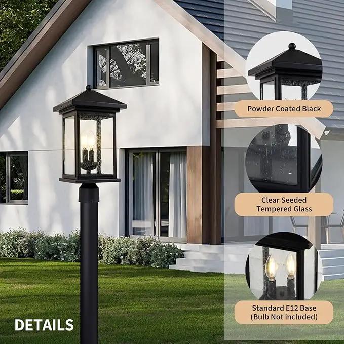 Outdoor Post Light, Waterproof Pole Lantern Lighting Fixture with Tempered Clear Seeded Glass, Matte Black Finish for Outdoors (Large Post Light) by GreenHaven Gardens