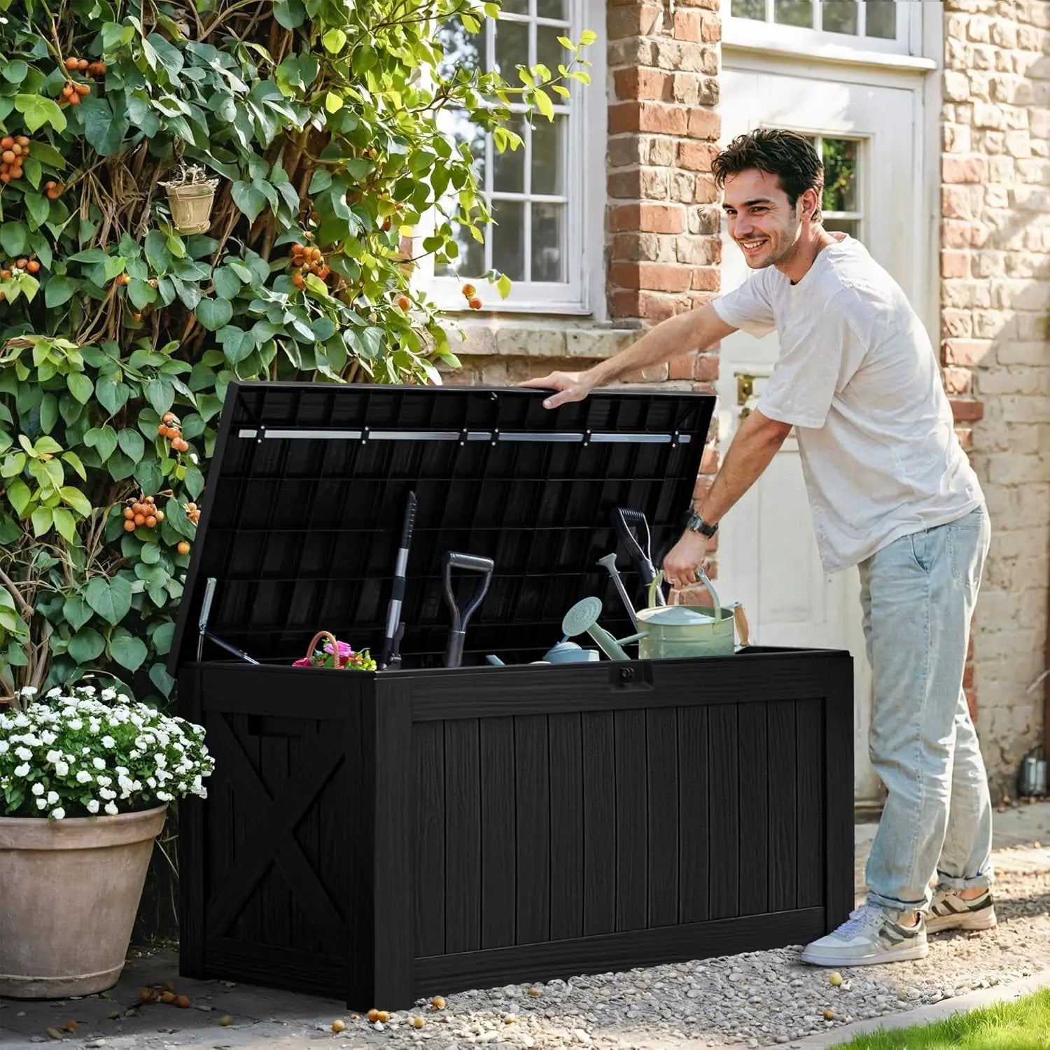 Greesum 120 Gallon Deck Box, Resin Outdoor Storage Container for Patio Furniture, Garden Tools, Pool Accessories, Weatherproof, Lockable, Black by GreenHaven Gardens