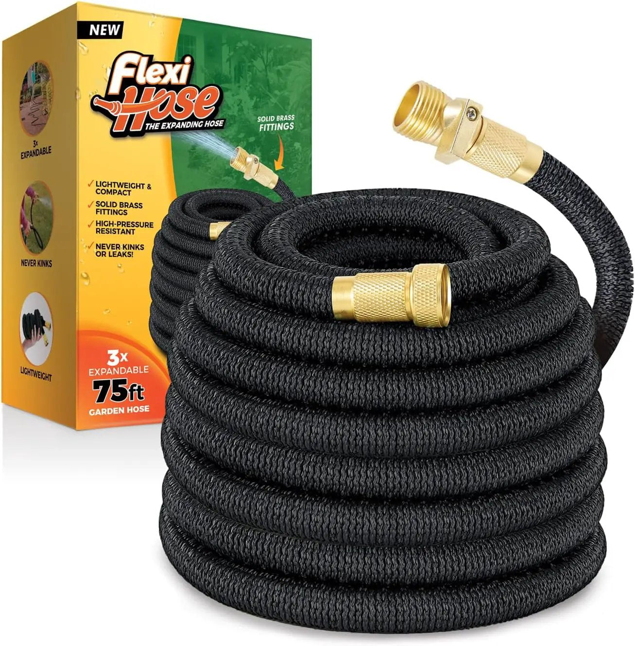 Flexi Hose Lightweight Expandable Garden Hose, No-Kink Flexibility, 3/4 Inch Solid Brass Fittings and Double Latex Core (75 FT, Black) by GreenHaven Gardens