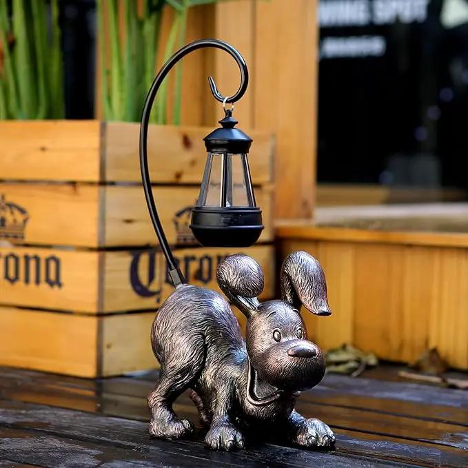 Laughing Dog Figurine with Solar-Powered LED Light 15.9 Inches Tall Antique Bronze, Perfect for Gift Garden Decor or Housewarming for Dog Lovers by GreenHaven Gardens