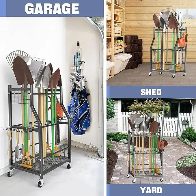 WALMANN Garden Tool Organizer with Wheels for Garage, Rakes/Shovels/Yard Tools Storage Stand for Garden, Shed, Indoor/Outdoor Long-Handled Tools Rolling Cart by GreenHaven Gardens