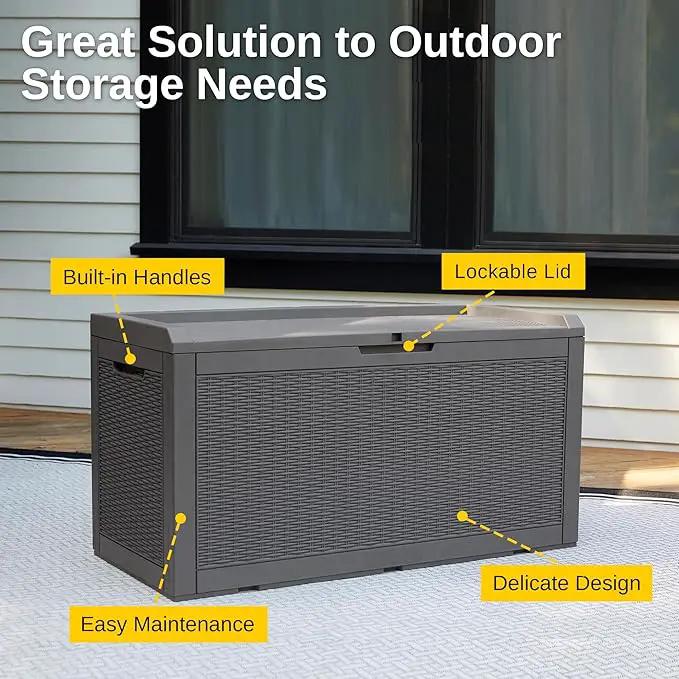 EAST OAK Outdoor Storage Box, 100 Gallon Deck Box, Waterproof Resin Storage Bench for Patio Cushions, Gardening Tools, Pool Accessories, Lockable, UV Resistant, Grey by GreenHaven Gardens