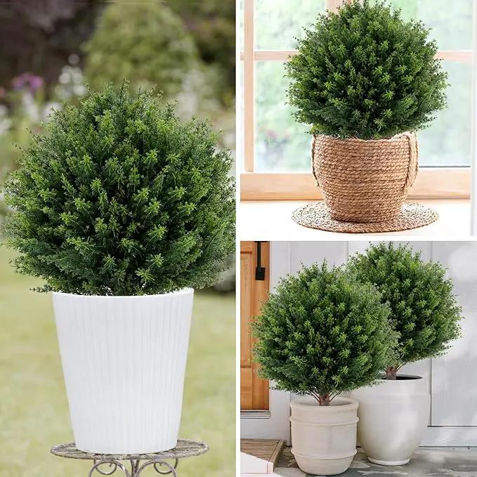 Artificial Cedar Topiary Ball Tree 23" with Ground Spike, Set of 2 Artificial Boxwood Bushes for Faux Shrubs, Fake Evergreen Faux Plant for Indoor Outdoor Porch Garden- UV Resistant – Fade-Proof by GreenHaven Gardens