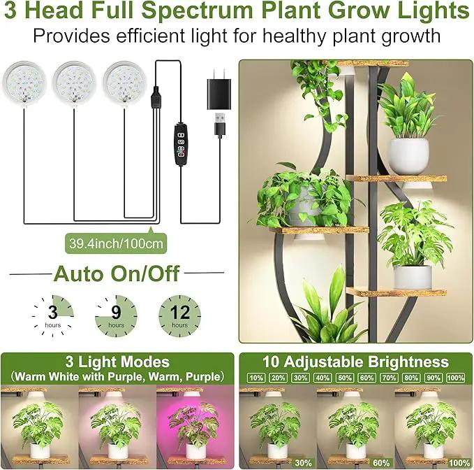 Plant Stand Indoor with Grow Lights, 7 Tier Tall Metal Plant Shelf for Multiple Plants, 55″ Lighted Plants Shelves Corner Flower Holder, Vase Shape Plant Display Rack for Home Living Room Patio by GreenHaven Gardens