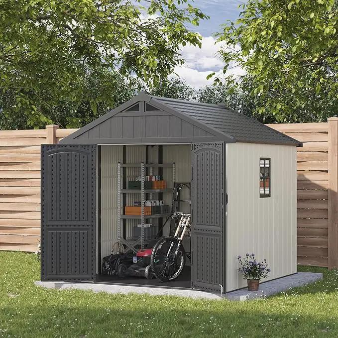 Patiowell 8 x 8 FT Plastic Outdoor Storage Shed with Floor, Resin Shed with Window and Lockable Door for Garden, Backyard, Tool Storage Use, Easy to Install in Beige (Kick-it Shed) by GreenHaven Gardens