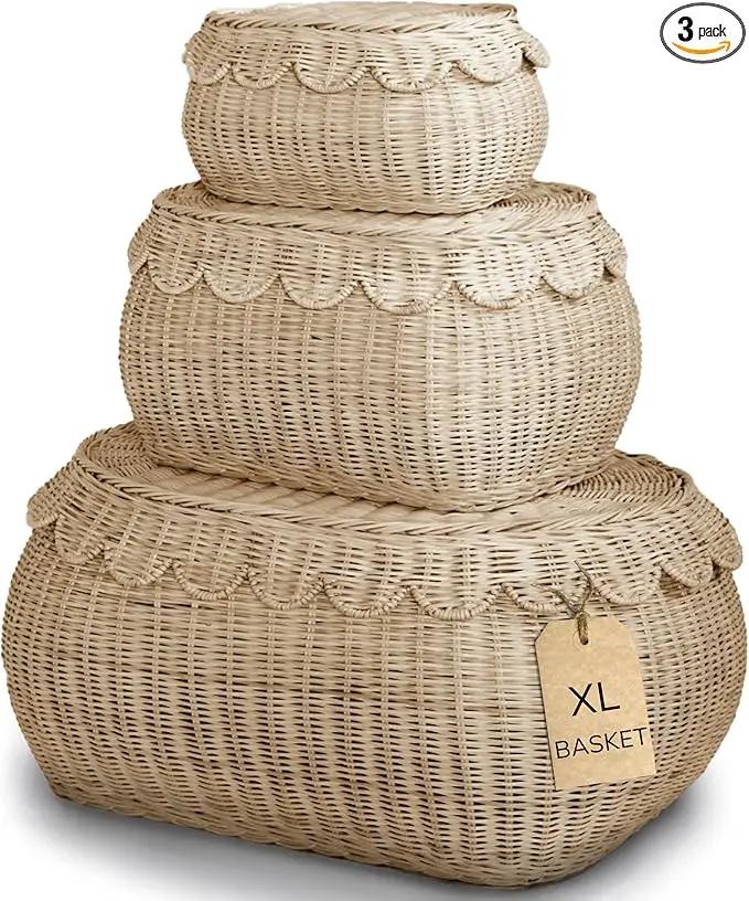BEBE BASK Large Scalloped Basket Set Of 3 - Hand-Woven & Award-Winning Scallop Basket - XL - Extra Large for Blankets 22 x 16 x 10 In - Elegant Wicker With Scalloped Edge Lid (Natural) by GreenHaven Gardens