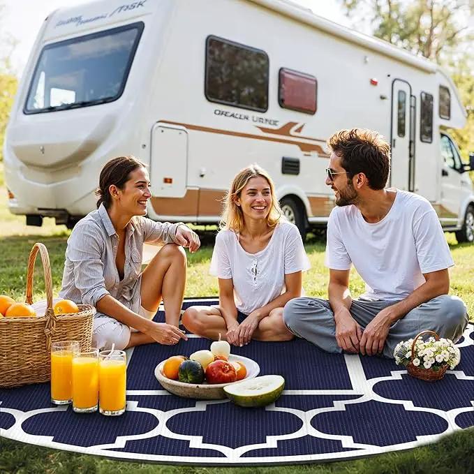GENIMO 10 ' Round Outdoor Rug for Patio, Waterproof Indoor Outdoor Plastic Straw Rugs Carpet, Reversible Outside Area Mat for Camping, Balcony Porch, Deck, Picnic, Blue White by GreenHaven Gardens