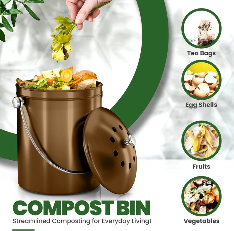 Utopia Kitchen Compost Bin for Kitchen Countertop, 1.3 Gallon Compost Bucket for Kitchen with Lid, Includes 1 Spare Charcoal Filter (Bronze) by GreenHaven Gardens