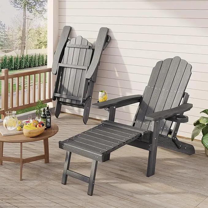 Folding Adirondack Chair Set of 2 with Adjustable Backrest, Adirondack Chair with Ottoman with 2 Cup Holders, for Outdoor Beach Garden Porch Lawn Pool Deck, Grey by GreenHaven Gardens