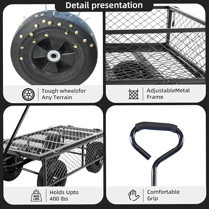 Heavy Duty 480 Lbs Capacity Mesh Steel Garden Cart Folding Utility Wagon with Removable Sides (Black) by GreenHaven Gardens