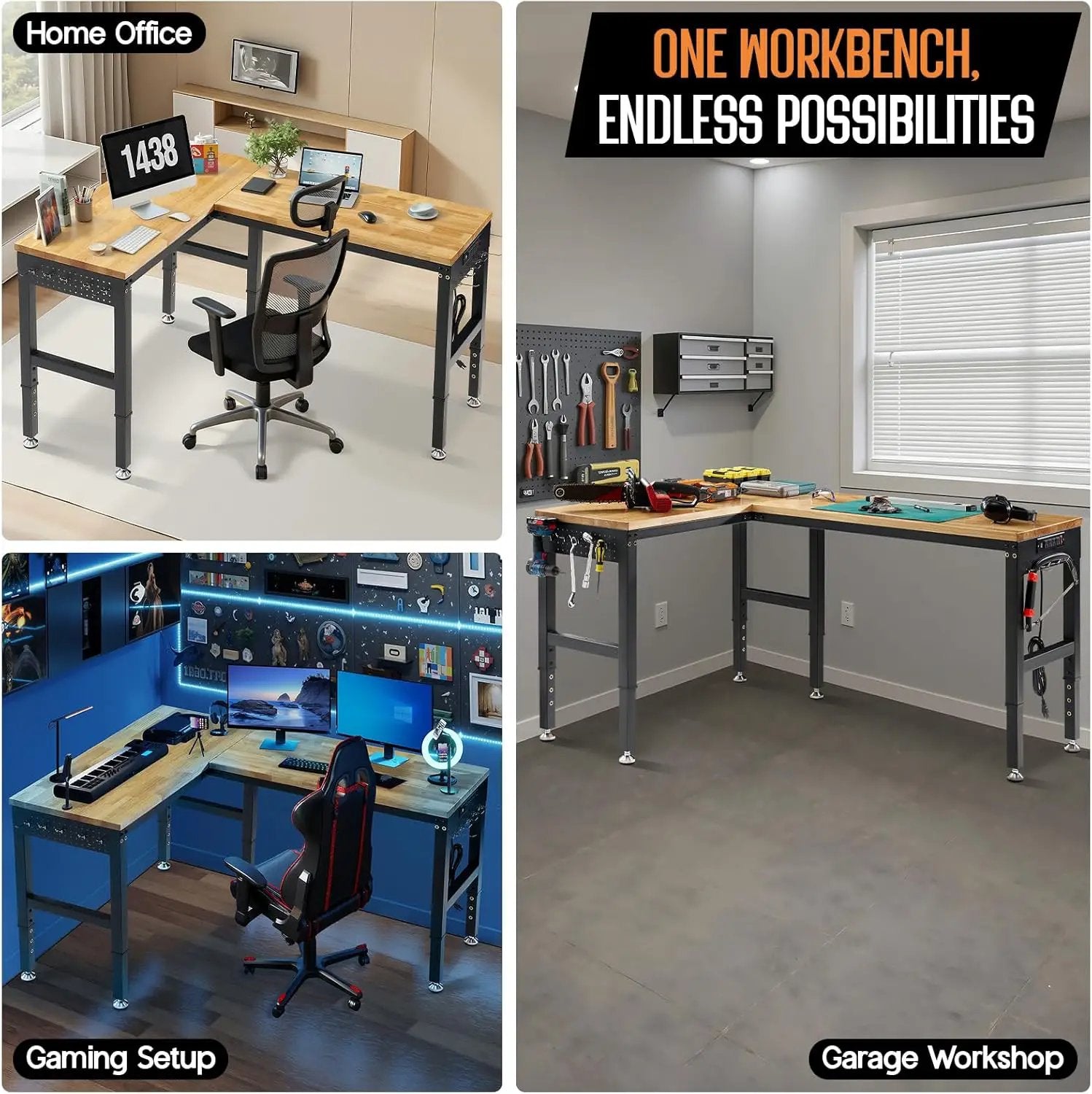 Albott 68"x48" L-Shaped Adjustable Workbench with Storage & Power Strip, Heavy Duty Tool Bench for Woodworking, Garage, Workshop, Home Office, 6000LBS Load, Pegboard & Hooks, ETL Certified by GreenHaven Gardens