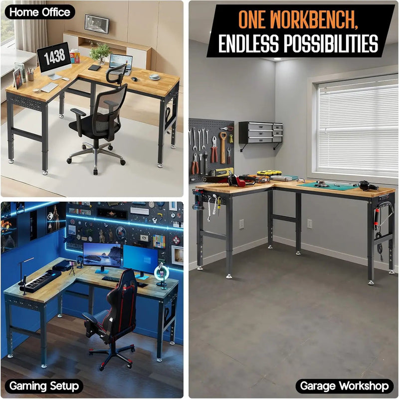 Albott 68"x48" L-Shaped Adjustable Workbench with Storage & Power Strip, Heavy Duty Tool Bench for Woodworking, Garage, Workshop, Home Office, 6000LBS Load, Pegboard & Hooks, ETL Certified by GreenHaven Gardens