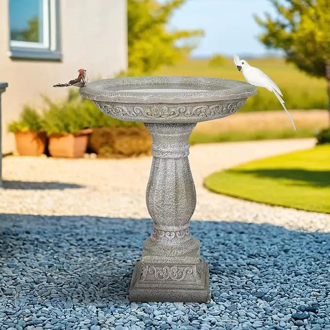 SunJet 23.8 Inch High Concrete Bird Bath with Carved Pedestal – Birdbath Sturdy & Elegant Design, Stone-Like Texture, Attracts Birds and Enhances Garden, Patio, Yard, Lawn Decor by GreenHaven Gardens