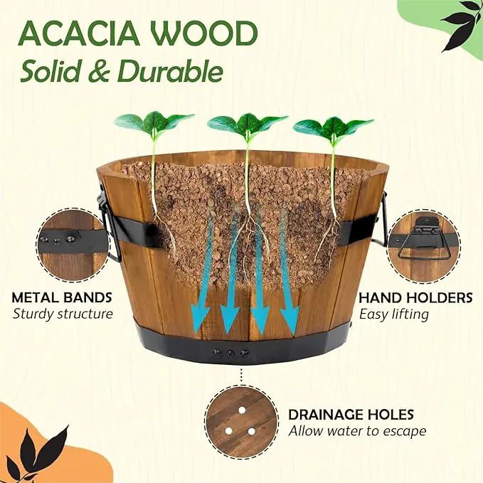IDZO Set of 3 Wooden Flower Boxes Outdoor, Durable Acacia Wood Barrel Planters for Outdoor Plants with Ergonomic Handles, Drainage Holes, Multiple Sizes Wood Bucket Planter Light Brown by GreenHaven Gardens