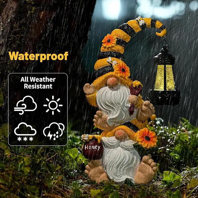 Solar Bee Garden Gnomes with LED Lantern – Waterproof Stacked Outdoor Decor for Yard, Patio – Unique Gnome Gift for Mom, Grandma, Women (Weatherproof Resin Outdoor Statues) by GreenHaven Gardens