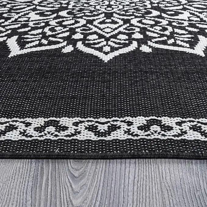 CAMILSON Indoor Outdoor Rug, 10x14 Medallion Black White Modern Area Rugs for Large Indoor and Outdoor Patios, Kitchen and Hallway Mats, Washable Porch Deck Outside Carpet (Medallion Black, 10 x 14) by GreenHaven Gardens