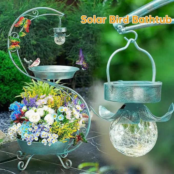 Bird Bath for Outside with Solar Lamp, 36" Birdbaths for Outdoors with Planter Flower Pot, Metal Bird Bath Bowl for Garden Yard Decor (All Blue Green) by GreenHaven Gardens
