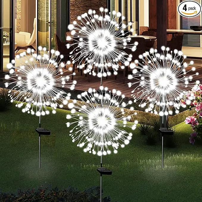 Solar Garden Lights Solar Firework Lights Outdoor Waterproof 4 Pack Solar Powered Art Stake Twinkle Lighting 180 LED Sparklers Solar Lights for Yard Pathway Patio Outside Party Decorations (White) by GreenHaven Gardens