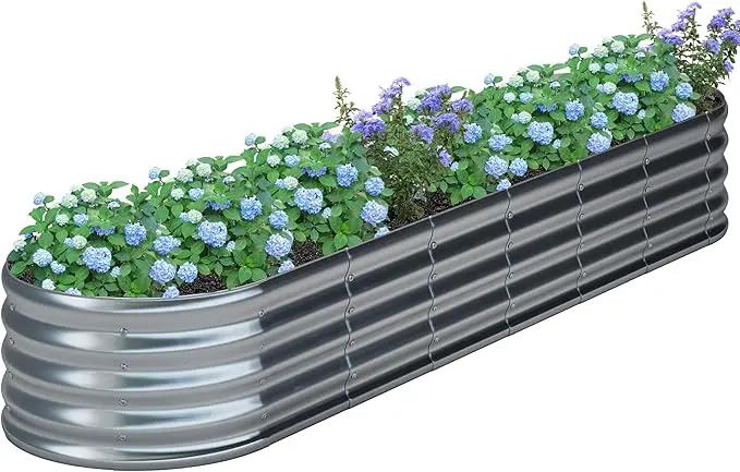 KFN 8x1.8x1FT Galvanized Raised Garden Bed,Raised Garden Bed Kit-Oval Metal Vegetable Box,Large Planter Flower Boxes Outdoor,Planting for Vegetables,Flower,Herb,Sliver,0.7mm by GreenHaven Gardens