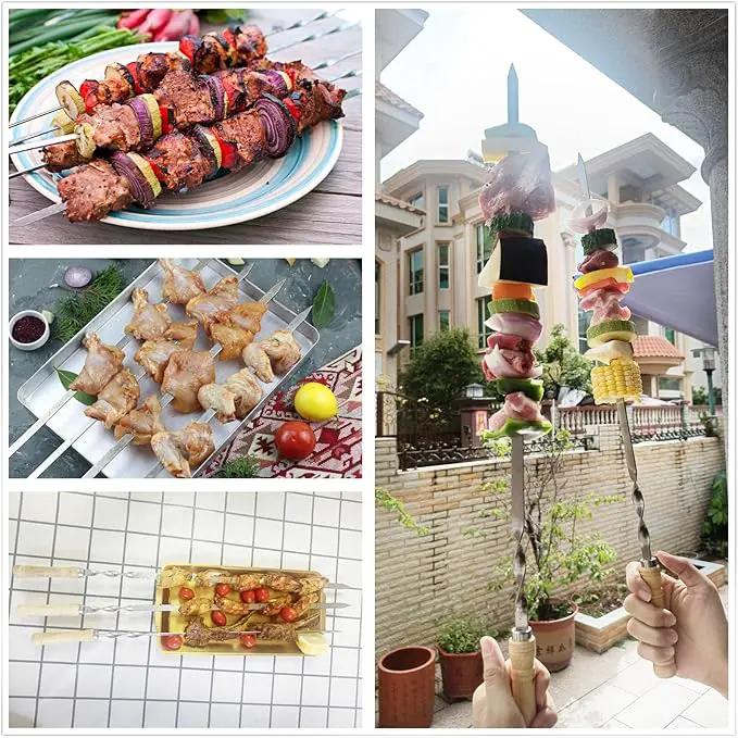 23.6" Large Size Kabob Skewers Flat Metal BBQ Barbecue Skewer Wooden Handle Stainless Steel Shish Kabob Stick Wide Reusable Grilling Set Meat Shrimp Chicken Vegetable Kebab Fork Sausage-12PCS by GreenHaven Gardens