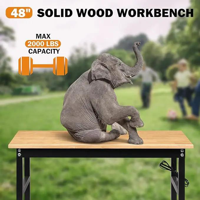 Adjustable Height Workbench, 48" Rubber Wood Top Heavy Duty Workstation with Power Outlets, 2000 LBS Load Capacity Hardwood Worktable for Workshop, Garage, Office, Home, Commercial by GreenHaven Gardens