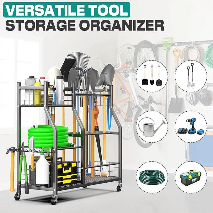EVERHANGER Garden Tool Organizer Stand, Garage Tool Storage Organization, Yard Tool Racks with lockable wheels, Fit for Long-Handled Tools/Rakes/Brooms by GreenHaven Gardens
