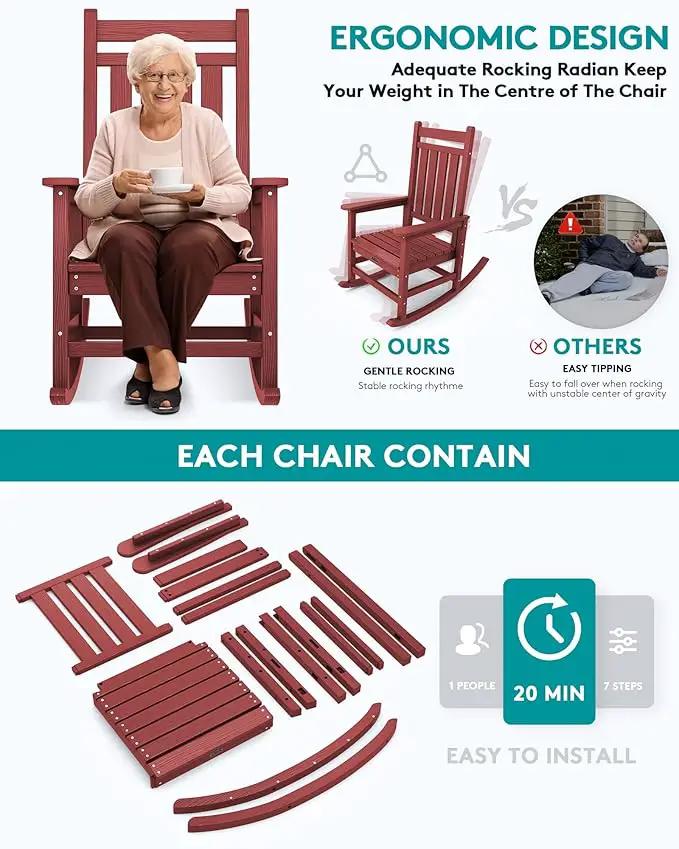 SERWALL Outdoor Rocking Chair Set of 2, HDPE Rocking Chairs for Adult, All Weather Porch Rockers for Lawn Garden, Crimson Red by GreenHaven Gardens