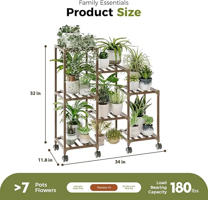 Bamworld Plant Stand with Wheels for Indoor Plants Wood Outdoor Tiered Shelf 3 Tire 7 Potted Ladder Plant Holder Table Pot Stand for Window Garden Balcony Patio Living Room (natureDL) by GreenHaven Gardens