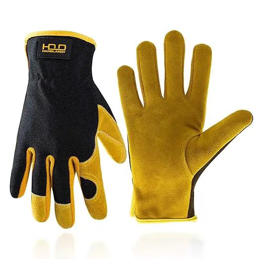 HLDD HANDLANDY Garden Gloves Men, Leather Work Gloves for Men & Women, Cowhide Gardening Gloves Utility Work Gloves for Mechanics, Construction, Driver (L, Yellow) by GreenHaven Gardens
