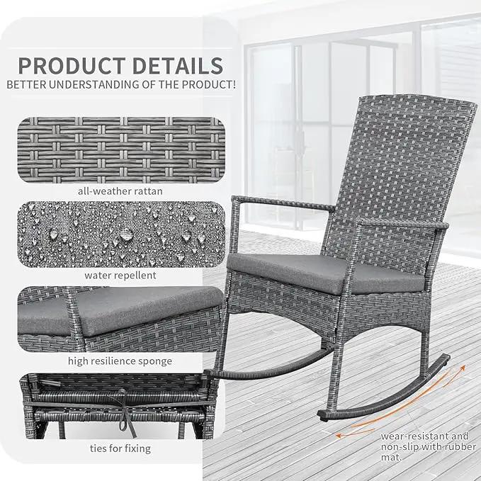 Outdoor Rocking Chair 3 Pieces High-Backed Rocking Chair Patio Rocking Chairs Outdoor Table and Chairs Anti-Slip Cushions Dark Grey by GreenHaven Gardens
