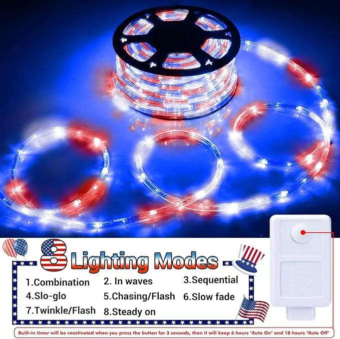 100ft LED Rope Lights Outdoor, 720 LED Connectable & Flexible Tube Lights with 8 Modes, Waterproof LED Rope Lighting for Independence Flag Day, Memorial Day, Outdoor,Indoor Decor (Red & White & Blue) by GreenHaven Gardens