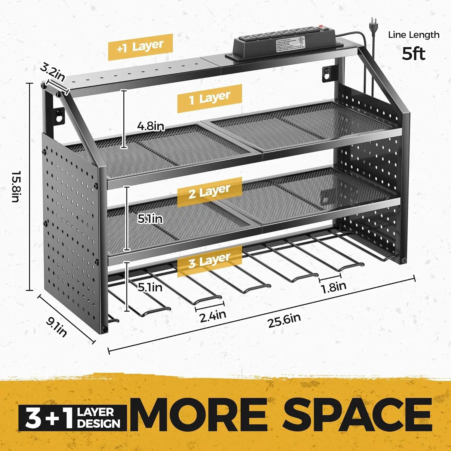 LBT 4 Layer Power Tool Organizer Wall Mount With Charging Station, Patented, 6 Outlet Power Strip, 6 Drill Holder, Heavy Duty Metal Garage Tool Storage Rack, Gifts For Men Fathers Day by GreenHaven Gardens